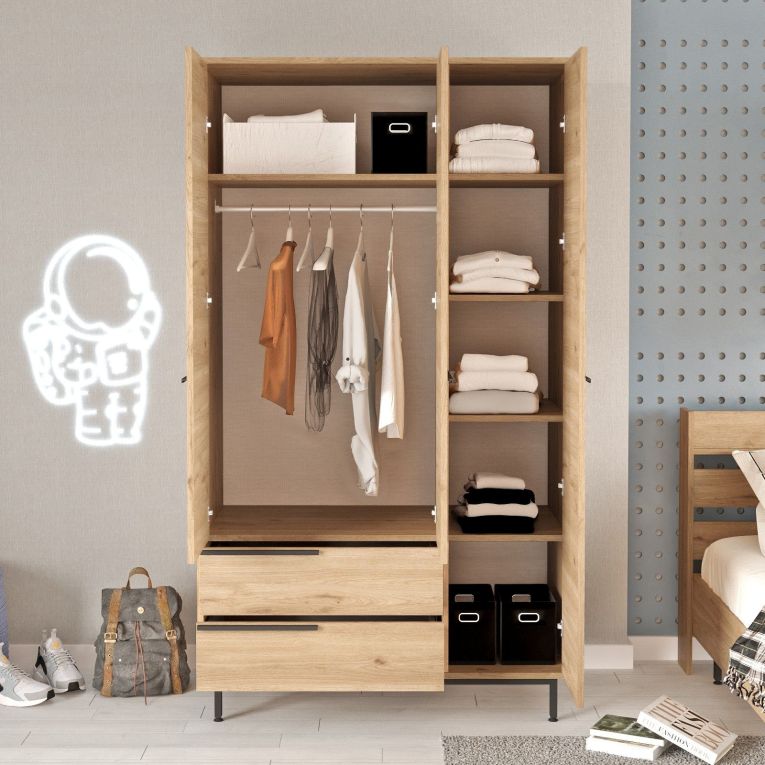 Guardaroba 3 Ante Marrone Rovere 5 Ripiani 2 Cassetti 112x55 cm, Appendiabiti - Oricola