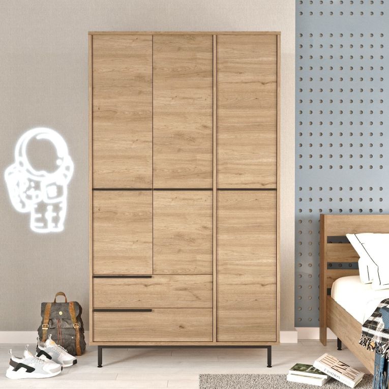 Guardaroba 3 Ante Marrone Rovere 5 Ripiani 2 Cassetti 112x55 cm, Appendiabiti - Oricola
