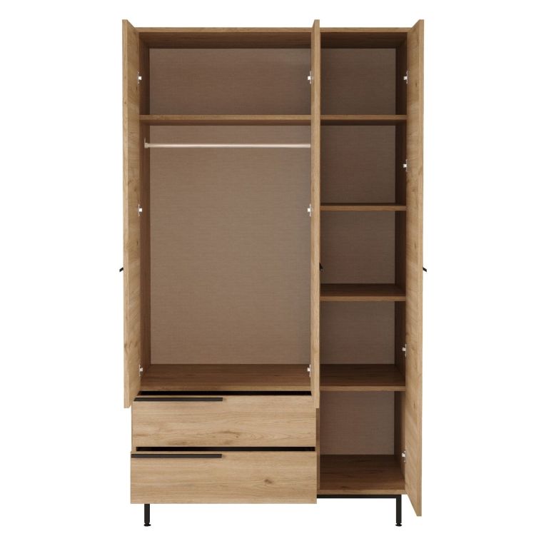 Guardaroba 3 Ante Marrone Rovere 5 Ripiani 2 Cassetti 112x55 cm, Appendiabiti - Oricola