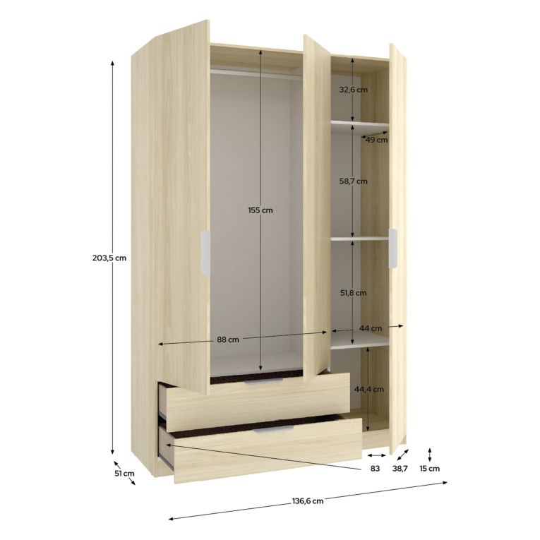 Guardaroba 3 Ante Marrone Rovere Appendiabiti 2 Cassetti 51x137 cm, 3 Ripiani - Mayos
