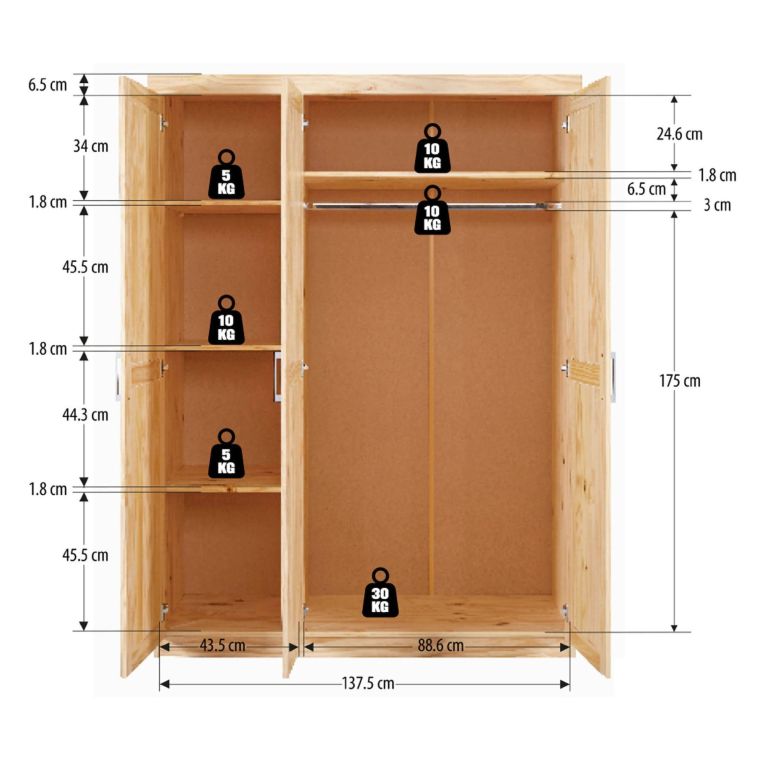 Guardaroba 3 ante- Marrone Rovere Appendiabiti 4 Ripiani 140x190h cm, 3 Ante - Tubre