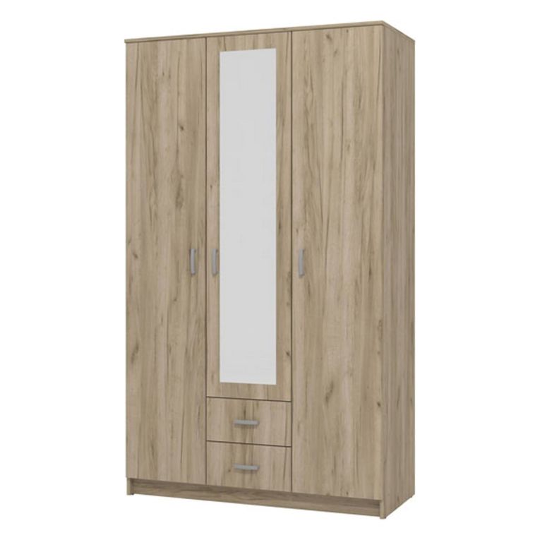 Guardaroba 3 Ante Marrone Rovere Bianco Appendiabiti 2 Cassetti 120x52 cm, 4 Ripiani - Crati