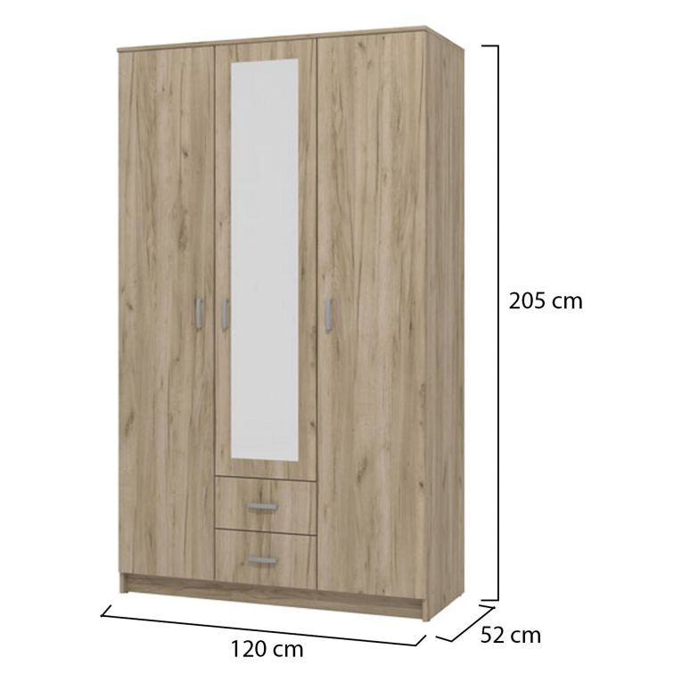 Guardaroba 3 Ante Marrone Rovere Bianco Appendiabiti 2 Cassetti 120x52 cm, 4 Ripiani - Crati