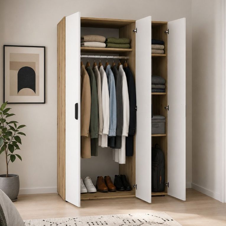 Guardaroba 3 Ante Marrone Rovere Bianco Appendiabiti 4 Ripiani 111x52 cm, 3 Ante - Pettineo