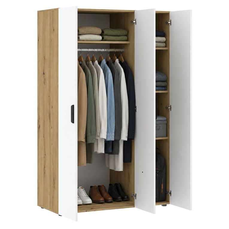 Guardaroba 3 Ante Marrone Rovere Bianco Appendiabiti 4 Ripiani 111x52 cm, 3 Ante - Pettineo