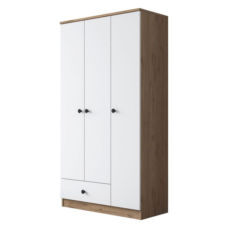 Guardaroba 3 Ante Marrone Rovere Bianco Appendiabiti un Cassetto 90x43 cm, 5 Ripiani - Infine