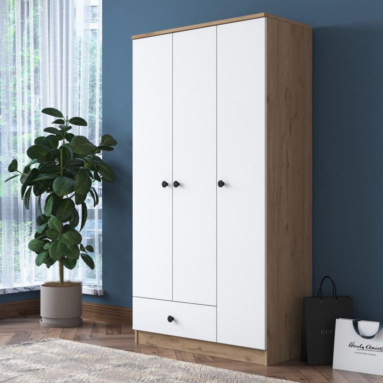 Guardaroba 3 Ante Marrone Rovere Bianco Appendiabiti un Cassetto 90x43 cm, 5 Ripiani - Infine