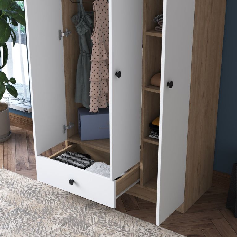 Guardaroba 3 Ante Marrone Rovere Bianco Appendiabiti un Cassetto 90x43 cm, 5 Ripiani - Infine