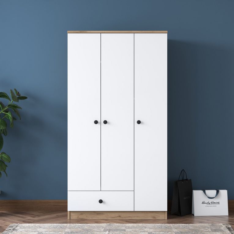 Guardaroba 3 Ante Marrone Rovere Bianco Appendiabiti un Cassetto 90x43 cm, 5 Ripiani - Infine