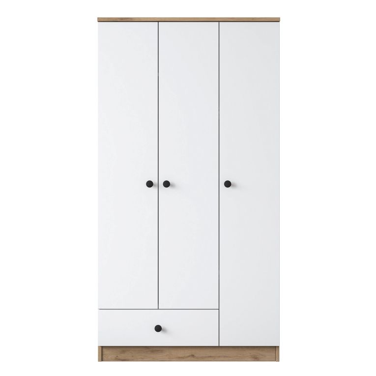 Guardaroba 3 Ante Marrone Rovere Bianco Appendiabiti un Cassetto 90x43 cm, 5 Ripiani - Infine