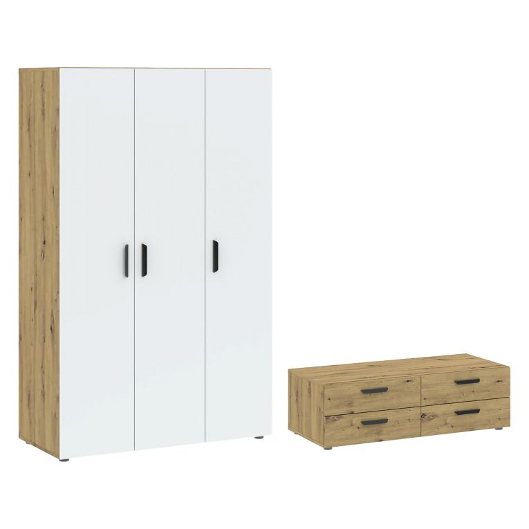 Guardaroba 3 Ante Marrone Rovere Nodi Bianco Appendiabiti 4 Cassetti 111x52 cm, 4 Ripiani - Randazzo