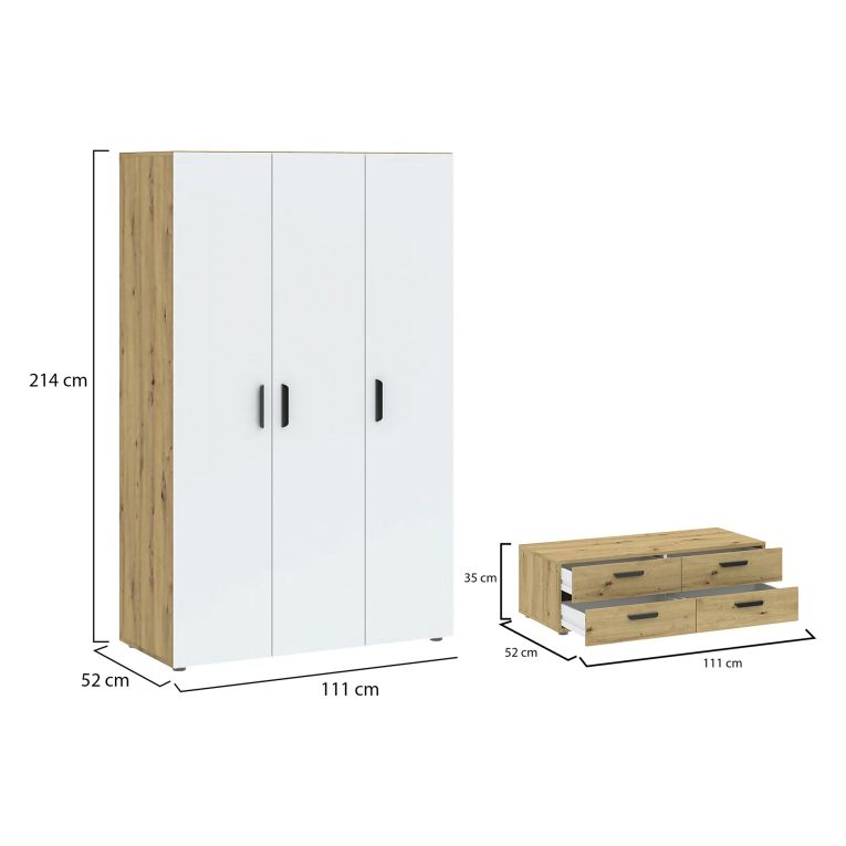 Guardaroba 3 Ante Marrone Rovere Nodi Bianco Appendiabiti 4 Cassetti 111x52 cm, 4 Ripiani - Randazzo