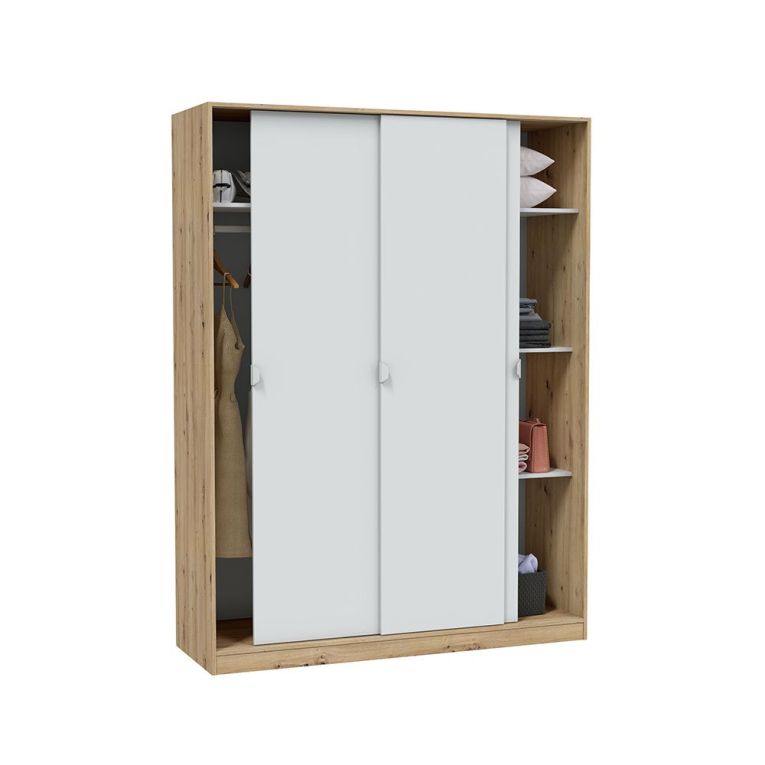 Guardaroba 3 Ante Marrone Rovere Nodi Bianco Appendiabiti 4 Ripiani 150x50 cm, 6 Vani - Senales