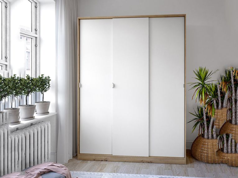 Guardaroba 3 Ante Marrone Rovere Nodi Bianco Appendiabiti 4 Ripiani 150x50 cm, 6 Vani - Senales