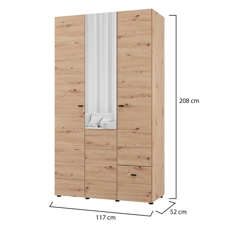 Guardaroba 3 Ante Marrone Rovere Nodi Bianco Appendiabiti un Cassetto 117x52 cm, 4 Ripiani - Serram