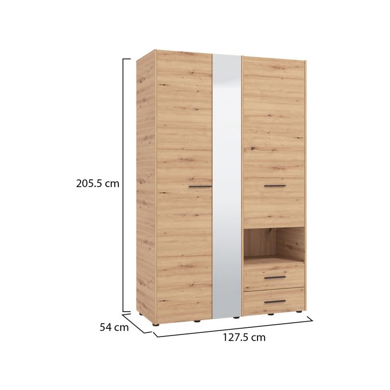 Guardaroba 3 Ante Marrone Rovere Nodi Nero Appendiabiti 2 Cassetti 127.5x54 cm, 5 Ripiani - Molare