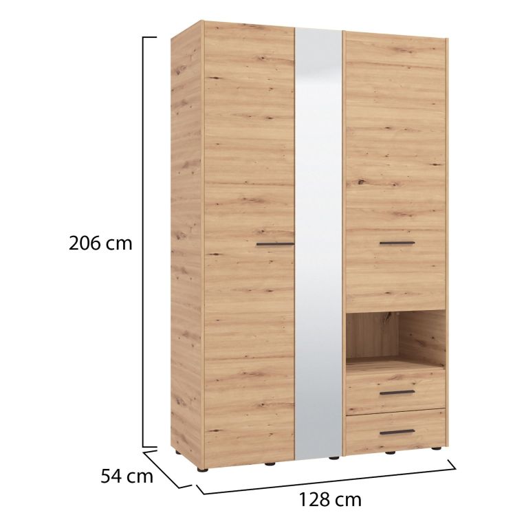 Guardaroba 3 Ante Marrone Rovere Nodi Nero Appendiabiti 2 Cassetti 127.5x54 cm, 5 Ripiani - Molare