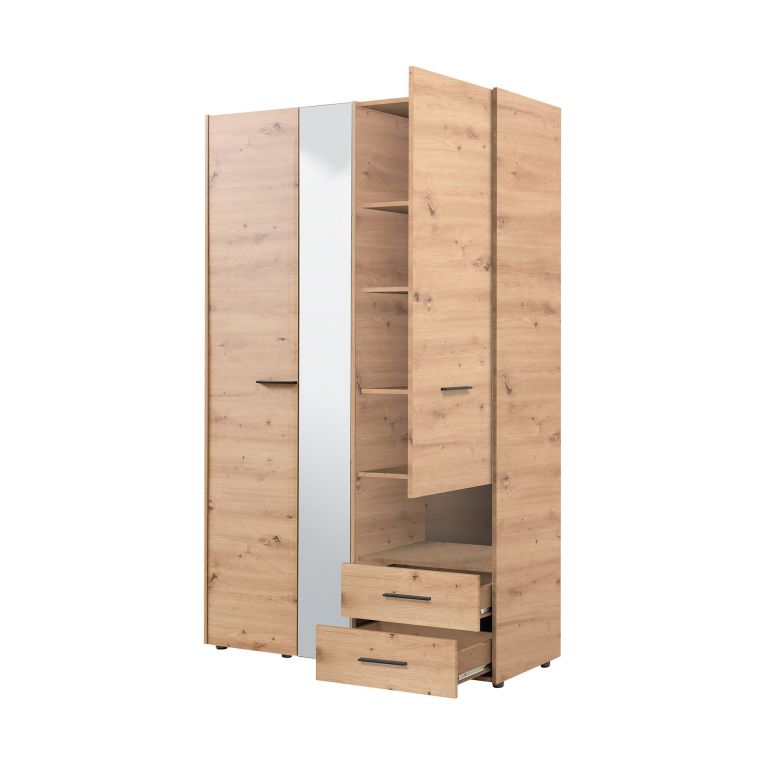 Guardaroba 3 Ante Marrone Rovere Nodi Nero Appendiabiti 2 Cassetti 127.5x54 cm, 5 Ripiani - Molare