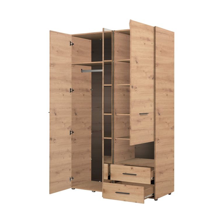 Guardaroba 3 Ante Marrone Rovere Nodi Nero Appendiabiti 2 Cassetti 127.5x54 cm, 5 Ripiani - Molare