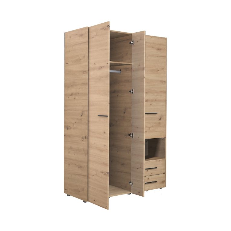 Guardaroba 3 Ante Marrone Rovere Nodi Nero Appendiabiti 2 Cassetti 127.5x54 cm, 5 Ripiani - Molare