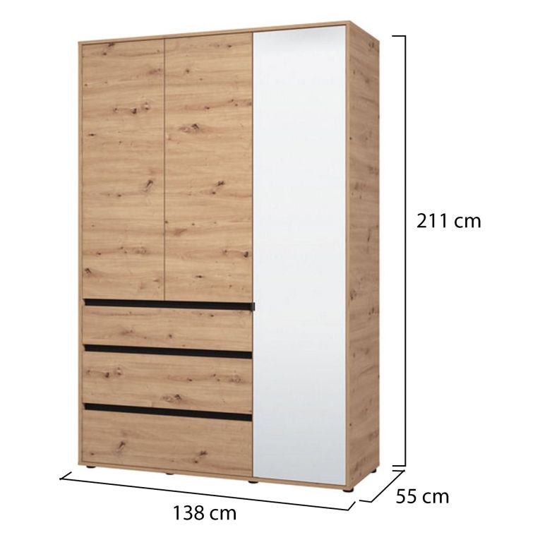 Guardaroba 3 Ante Marrone Rovere Nodi Nero Appendiabiti 3 Cassetti 138x55 cm, 4 Ripiani - Ilbonoo