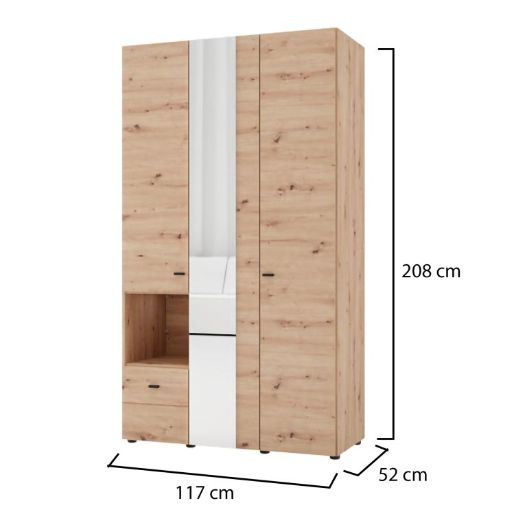 Guardaroba 3 Ante Marrone Rovere Nodi Nero Appendiabiti un Cassetto 117x52 cm, 5 Ripiani - Patzcu