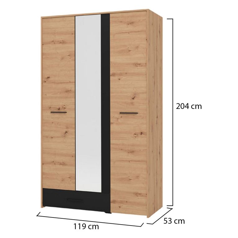 Guardaroba 3 Ante Marrone Rovere Nodi Nero Appendiabiti un Cassetto 119x53 cm, 5 Ripiani - Lavagnoo