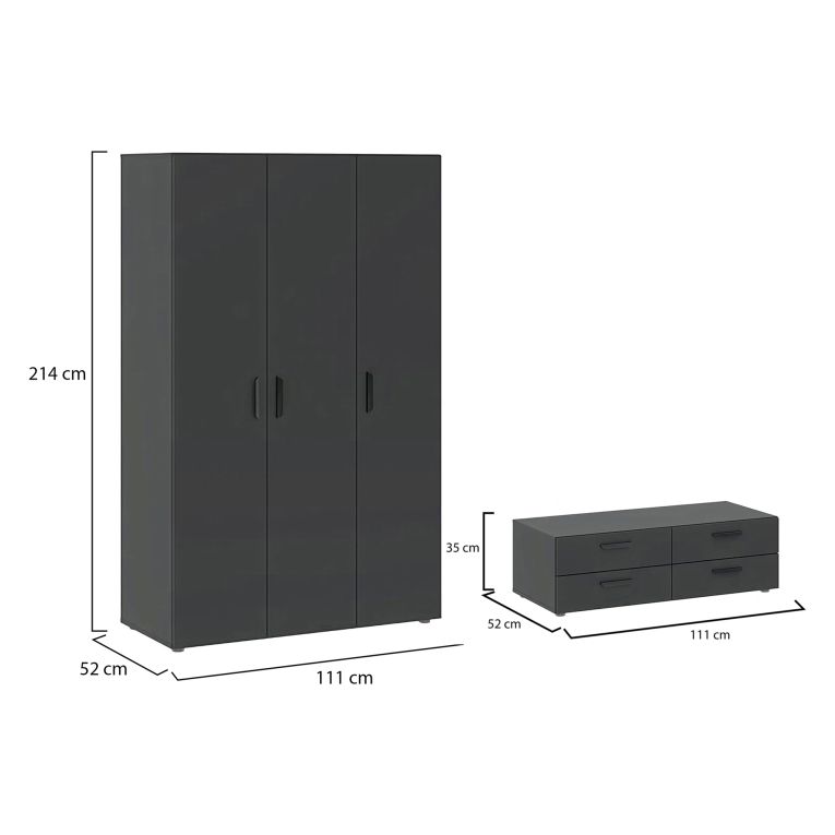 Guardaroba 3 Ante Nero Antracite Appendiabiti 4 Cassetti 111x52 cm, 4 Ripiani - Randazzo