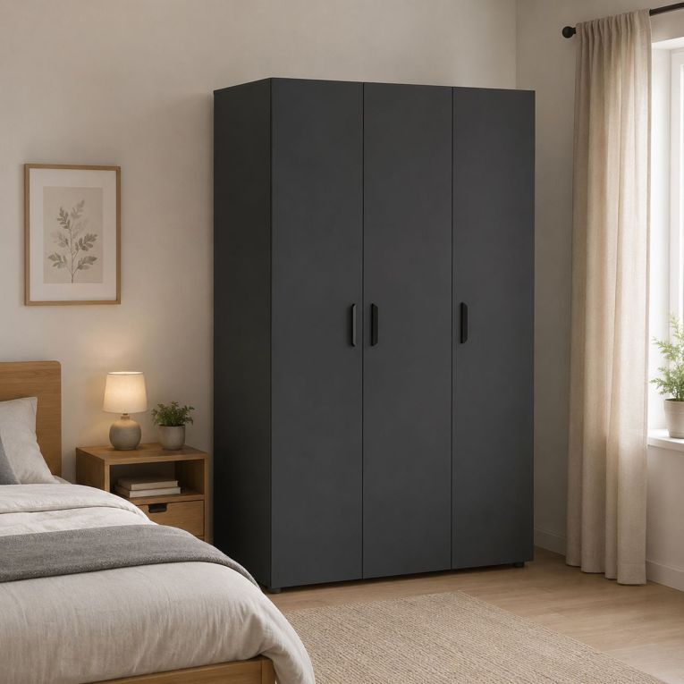 Guardaroba 3 Ante Nero Antracite Appendiabiti 4 Ripiani 111x52 cm, 3 Ante - Pettineo