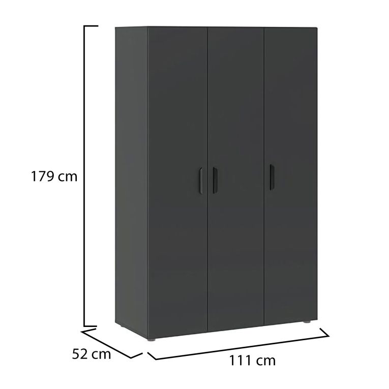 Guardaroba 3 Ante Nero Antracite Appendiabiti 4 Ripiani 111x52 cm, 3 Ante - Pettineo