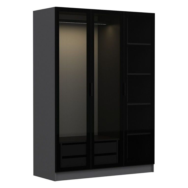 Guardaroba 3 Ante Nero Antracite Appendiabiti 5 Ripiani 135x52 cm, 3 Ante - Gerrei