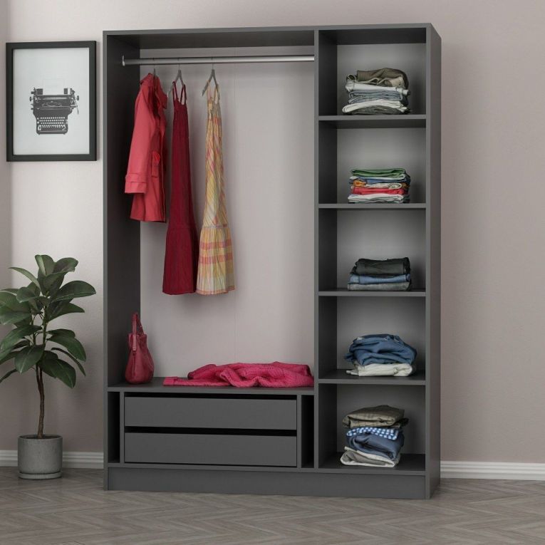 Guardaroba 3 Ante Nero Antracite Appendiabiti 5 Ripiani 135x52 cm, 3 Ante - Gerrei