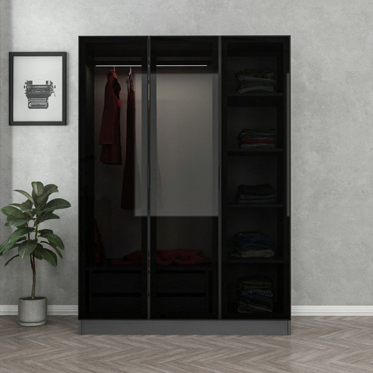 Guardaroba 3 Ante Nero Antracite Appendiabiti 5 Ripiani 135x52 cm, 3 Ante - Gerrei