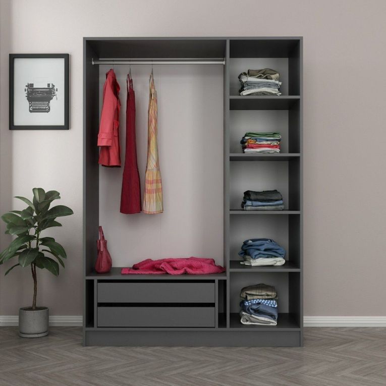 Guardaroba 3 Ante Nero Antracite Appendiabiti 5 Ripiani 135x52 cm, 3 Ante - Gerrei