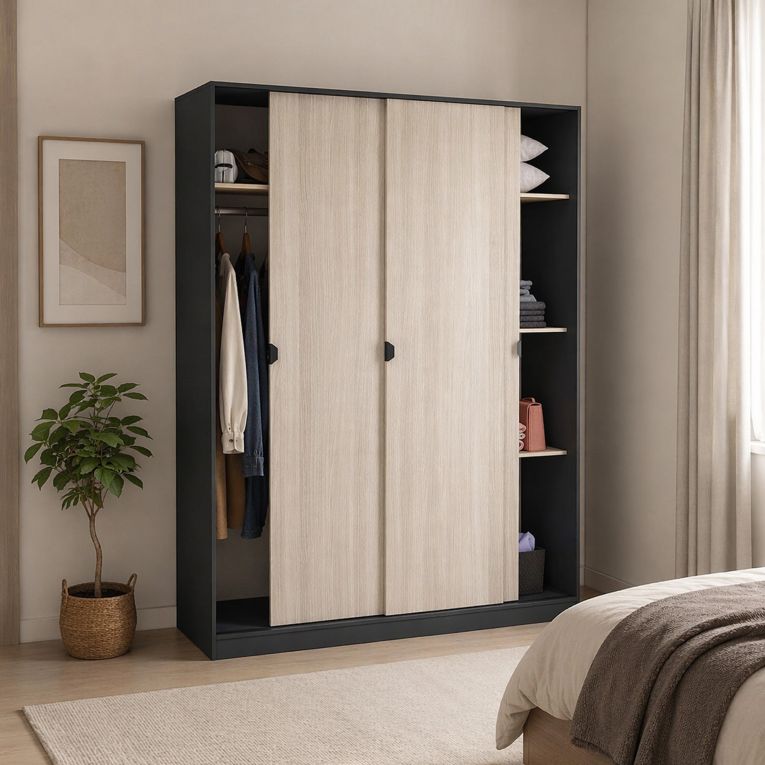 Guardaroba 3 Ante Nero Antracite Marrone Rovere 4 Ripiani Appendiabiti 150x50 cm, 3 Ante - Senales