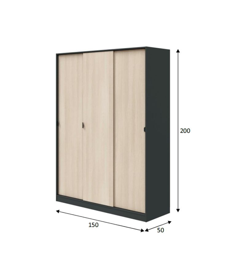 Guardaroba 3 Ante Nero Antracite Marrone Rovere 4 Ripiani Appendiabiti 150x50 cm, 3 Ante - Senales