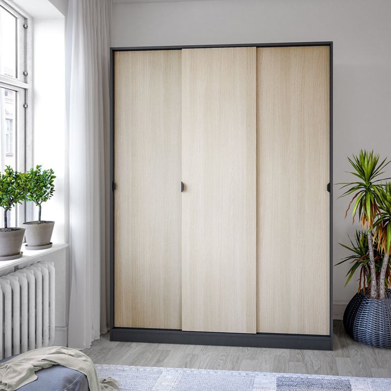 Guardaroba 3 Ante Nero Antracite Marrone Rovere 4 Ripiani Appendiabiti 150x50 cm, 3 Ante - Senales