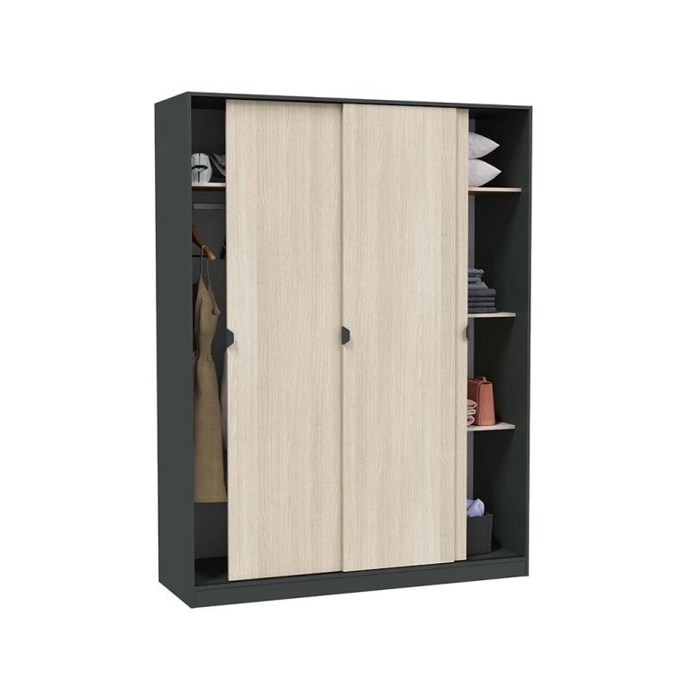 Guardaroba 3 Ante Nero Antracite Marrone Rovere 4 Ripiani Appendiabiti 150x50 cm, 3 Ante - Senales