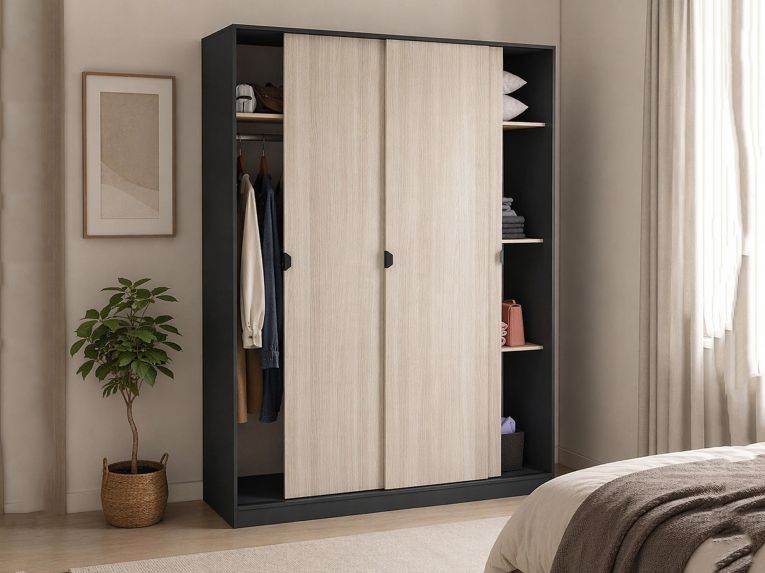 Guardaroba 3 Ante Nero Antracite Marrone Rovere 4 Ripiani Appendiabiti 150x50 cm, 3 Ante - Senales