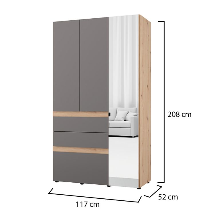 Guardaroba 3 Ante Nero Antracite Marrone Rovere Nodi Appendiabiti 3 Cassetti 117x52 cm, 4 Ripiani - Zuccare