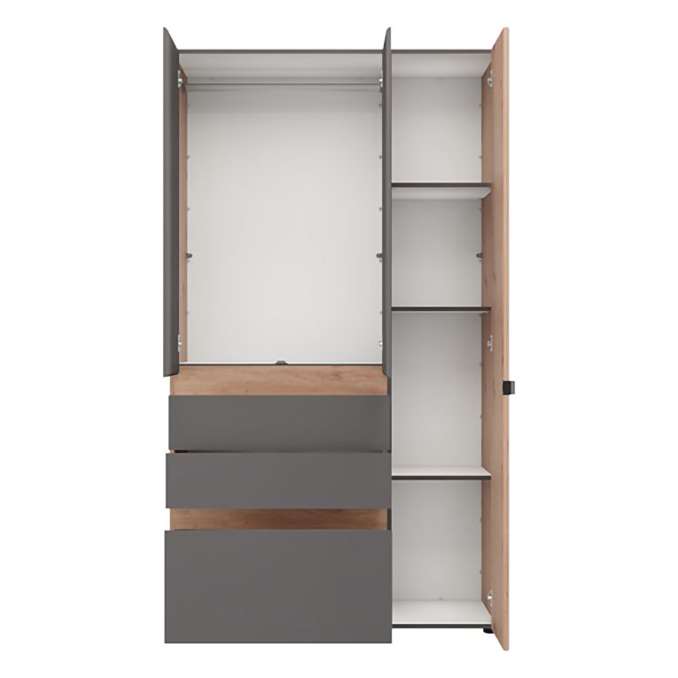 Guardaroba 3 Ante Nero Antracite Marrone Rovere Nodi Appendiabiti 3 Cassetti 117x52 cm, 4 Ripiani - Zuccare