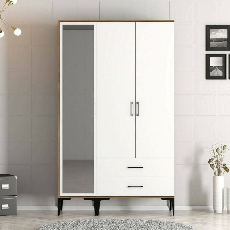 Guardaroba 3 ante Shaula, Mobile camera da letto, Cabina armadio con ante, Armadio appendiabiti, 120x201h48 cm, Noce e Bianco