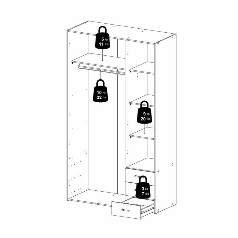 Guardaroba 3 ante Suzette, Mobile camera da letto, Cabina armadio portabiti, Armadio appendiabiti, 115x49 h200 cm, Bianco