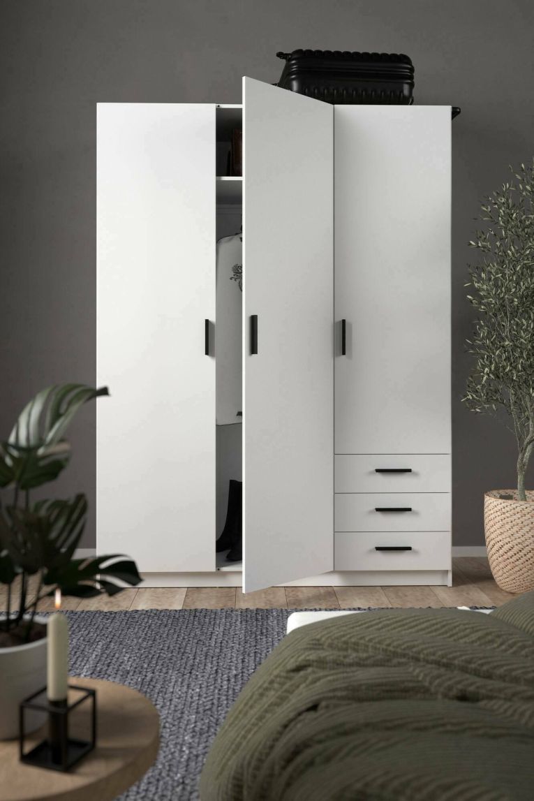 Guardaroba 3 ante Thea, Mobile camera da letto, Cabina armadio portabiti, Armadio appendiabiti, 50x147 h200 cm, Bianco