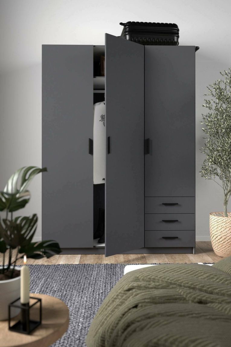 Guardaroba 3 ante Thea, Mobile camera da letto, Cabina armadio portabiti, Armadio appendiabiti, 50x147 h200 cm, Grigio