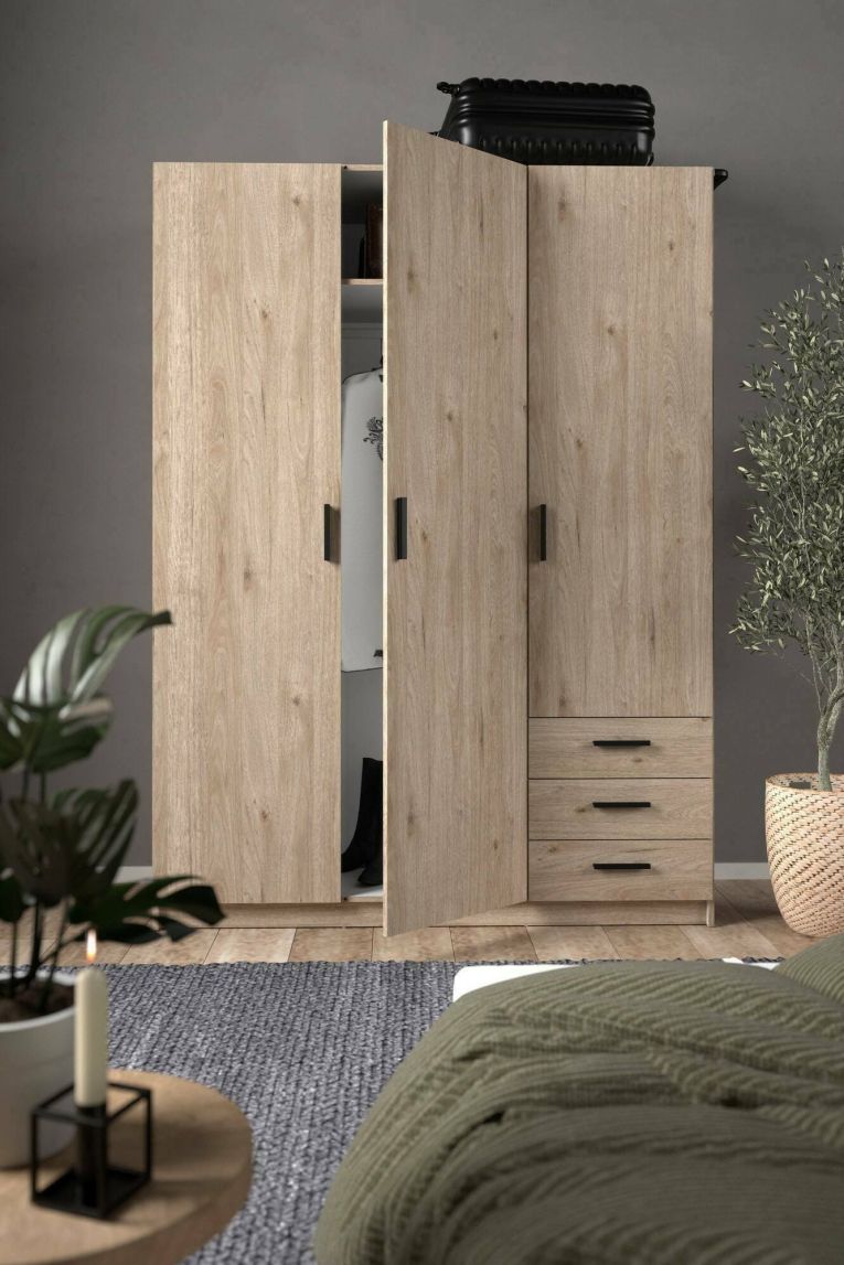 Guardaroba 3 ante Thea, Mobile camera da letto, Cabina armadio portabiti, Armadio appendiabiti, 50x147 h200 cm, Rovere