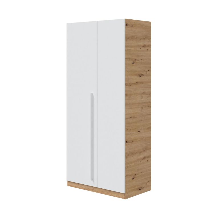 Guardaroba Abilene, Armadio per camera da letto a 2 ante battenti, Mobile con 3 ripiani e barra appendiabiti, 90x52h200 cm, Rovere nodi e Bianco