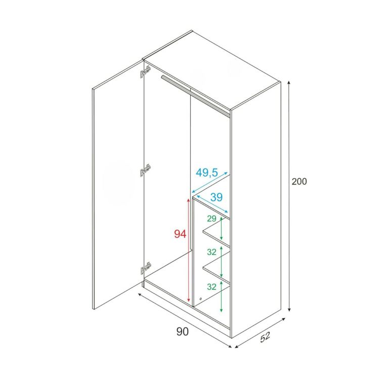 Guardaroba Abilene, Armadio per camera da letto a 2 ante battenti, Mobile con 3 ripiani e barra appendiabiti, 90x52h200 cm, Rovere nodi e Bianco
