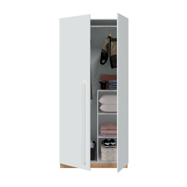 Guardaroba Abilene, Armadio per camera da letto a 2 ante battenti, Mobile con 3 ripiani e barra appendiabiti, 90x52h200 cm, Rovere nodi e Bianco