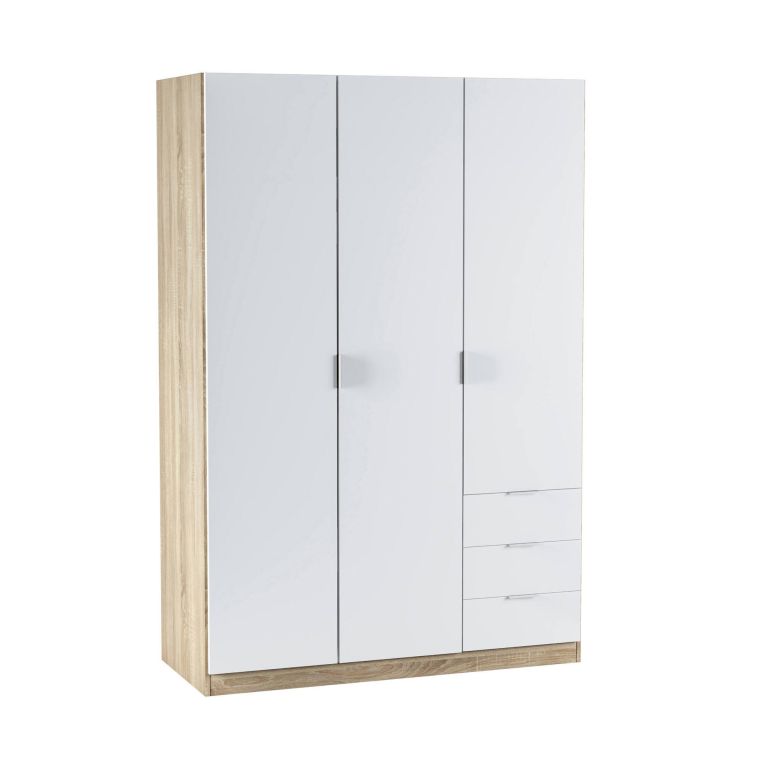 Guardaroba Allentown, Armadio per camera da letto a 3 ante e 3 cassetti, Mobile con barra appendiabiti e 3 ripiani, 121x52h180 cm, Bianco e Rovere